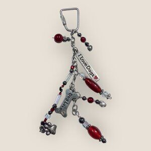 Dog Lover Keychain With Charms & Beads In Red & Silver Tone